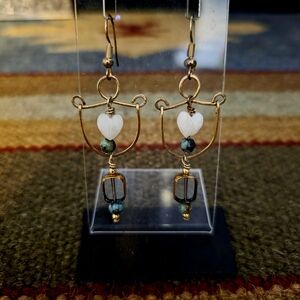 Gold and White Heart Drop Earrings